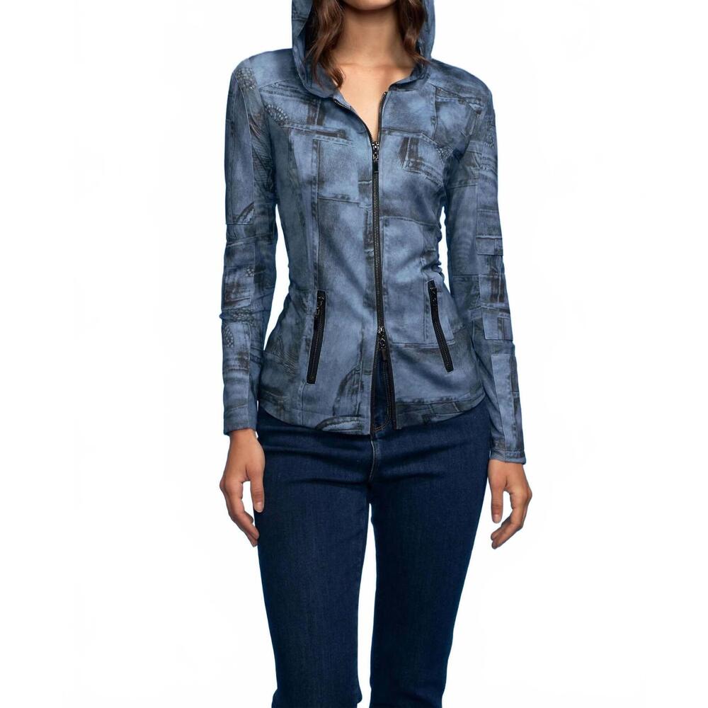 NEW OOLALA denim down printed rushed mesh blouse in blue